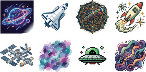 Set of space exploration icons and stickers featuring a neon planet, space shuttle, telescope mandala, rocket, and isometric space station © MstNajma