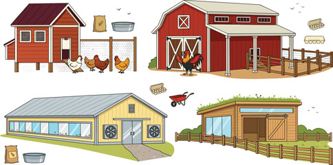 Poultry Farm Buildings Vector Illustration Set Featuring Red Barns Chicken Coops Industrial Hen Houses and Eco Friendly Livestock Structures for Agriculture Designs © Mifta