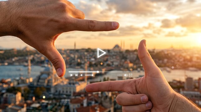 Creative video player overlay graphic framed by hands against a golden sunset sky backdrop for digital marketing and modern technology concepts