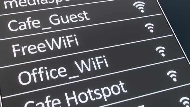 Video animation of a smartphone screen displaying a list of Wi-Fi networks and their signal strength. Seamless loop.