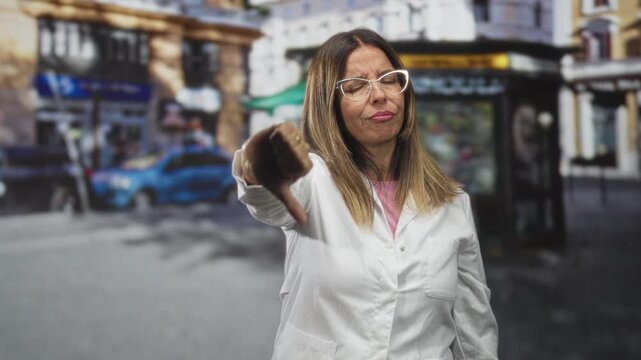 Middle age hispanic woman doctor in white coat wearing glasses gives thumbs down with extended hand in an urban street near storefronts and a bus shelter; professional disapproval.