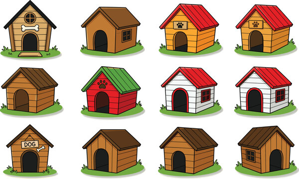 Wooden Dog House Vector Illustration Set Featuring Colorful Pet Kennels and Outdoor Shelters for Domestic Animals and Veterinary Care Graphic Designs
