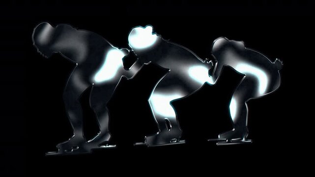 Silver metallic speed skating pursuit team racers silhouette. Alpha channel. Seamless loop video.