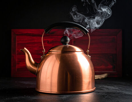 A copper noir kettle steams in a dark kitchen with red mahogany wooden accents.