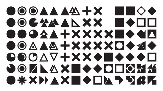 Set of assorted black geometric shapes including circles triangles squares cross symbols