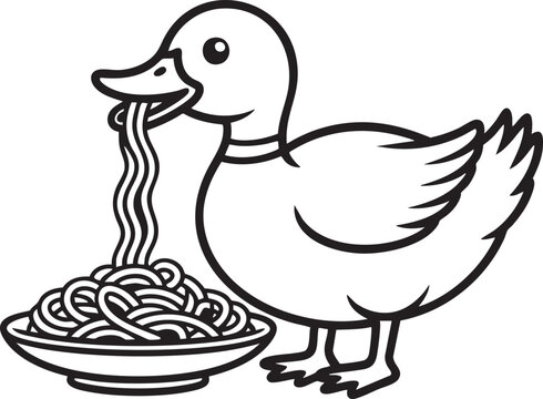 Black and white line of a duck eating spaghetti from a bowl