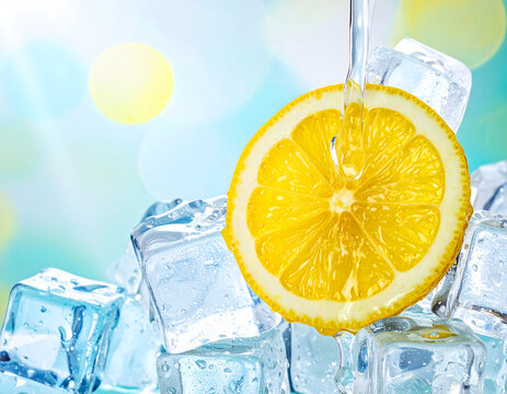 Rodaja de lim&oacute;n fresco con cubos de hielo y gotas de agua