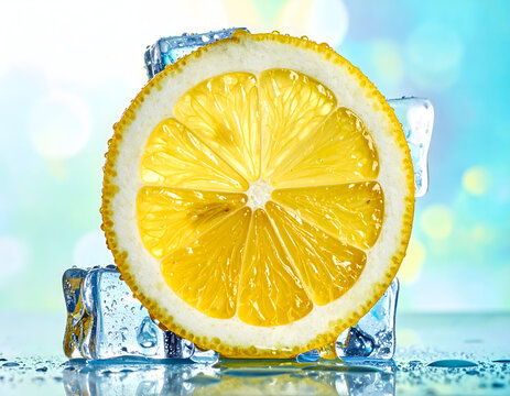 Rodaja de lim&oacute;n fresco con cubos de hielo y gotas de agua