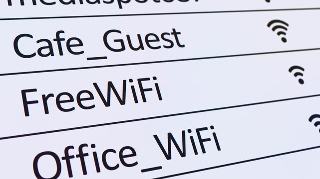 Video animation of a list of WiFi networks and their signal strength. Seamless loop.