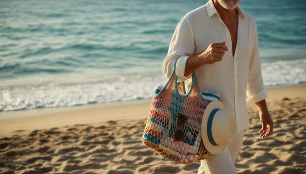 Senior man walking on sandy beach carrying colorful tote bag and summer accessories at sunset