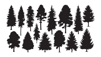 Set of black coniferous tree silhouettes for forest landscape design and decorative icons. © Sara Studio
