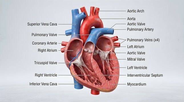 Detailed anatomical illustration of the vital human heart organ showcasing its internal chambers valves and major blood vessels offering a clear visual understanding of cardiovascular structure