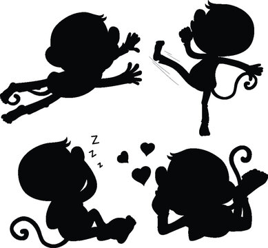 Set of silhouettes of playful cartoon monkeys in different poses with silhouettes wildlife chimpanzee illustration isolated background sleeping character creature collection monochrome