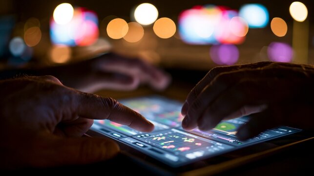 Hands adjusting probability sliders on a tablet featuring baseball pitch charts captured in a warm lowlight press box with soft bokeh scoreboard lights in the distance tight crop