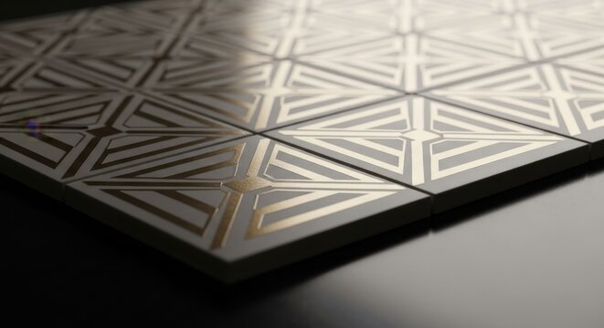 Intricate geometric art deco patterned ceramic tiles with subtle gold accents creating a luxurious and sophisticated surface design.