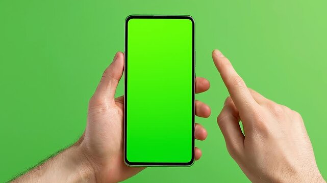 Male hands holding modern smartphone with blank green screen and pointing finger against chroma key background.
