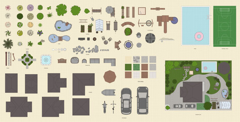 Naklejka na ściany i meble Garden top view. Vector illustration of isolated garden items and fishing rod. Furniture, lighting, equipment, plants, stones, ponds, playground and etc