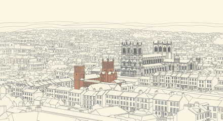 Medieval Cityscape with Prominent Red Towers and Gothic Architecture. © Tuju