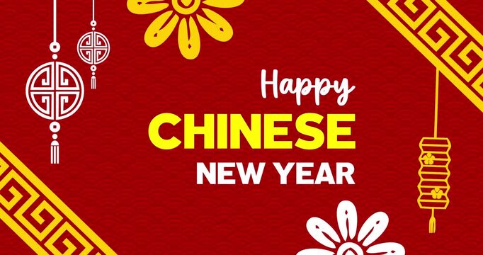 Happy Chinese New Year text animation with red background and typical Chinese New Year ornament decorations