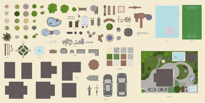 Garden top view. Vector illustration of isolated garden items and fishing rod. Furniture, lighting, equipment, plants, stones, ponds, playground and etc