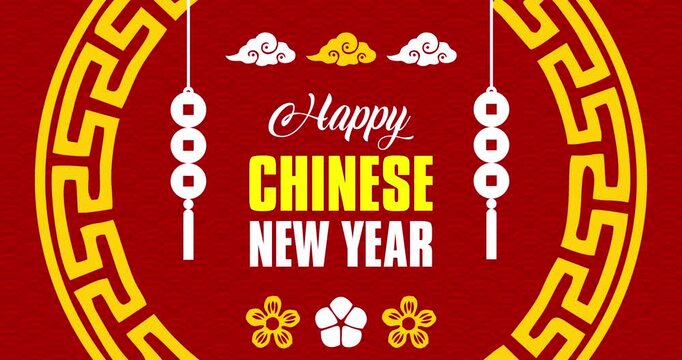 Happy Chinese New Year text animation with red background and typical Chinese New Year ornament decorations