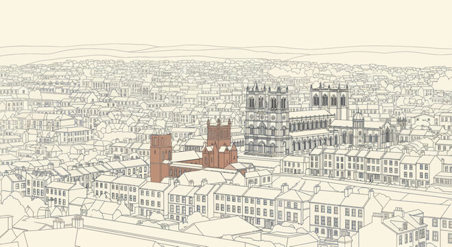 Medieval Cityscape with Prominent Red Towers and Gothic Architecture.