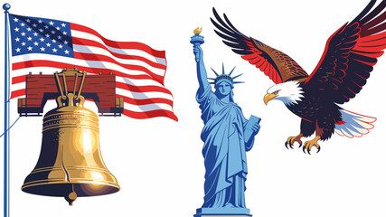 An artistic representation of iconic American symbols including the Liberty Bell, the Statue of Liberty, a bald eagle, and the American flag. © Roma