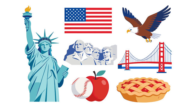 A vibrant collection of iconic American symbols including the Statue of Liberty, the American flag, Mount Rushmore, an eagle, the Golden Gate Bridge, a baseball, an apple, and a cherry pie.