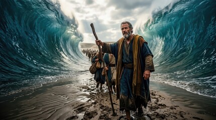 Naklejka premium Biblical liberation saga: Moses figure, Red Sea, Egyptian foe, escape passage, religion tenant, Bible tale, theology concept, symbolism depth, divine atmosphere.