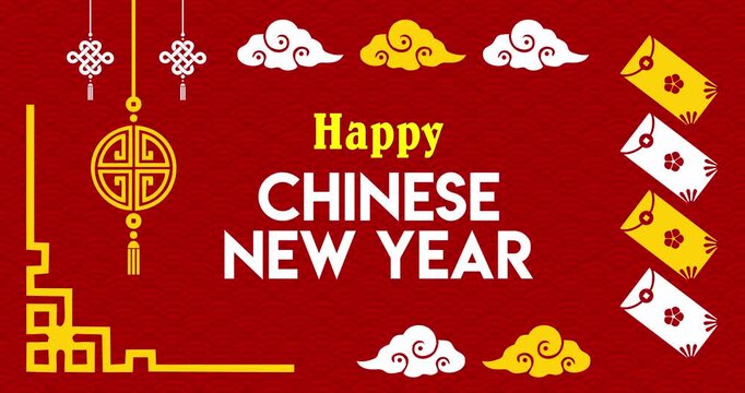 Happy Chinese New Year text animation with red background and typical Chinese New Year ornament decorations