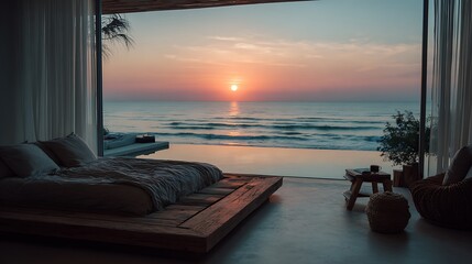 Fototapeta premium Luxurious Tropical Bedroom With Stunning Ocean View At Sunset.