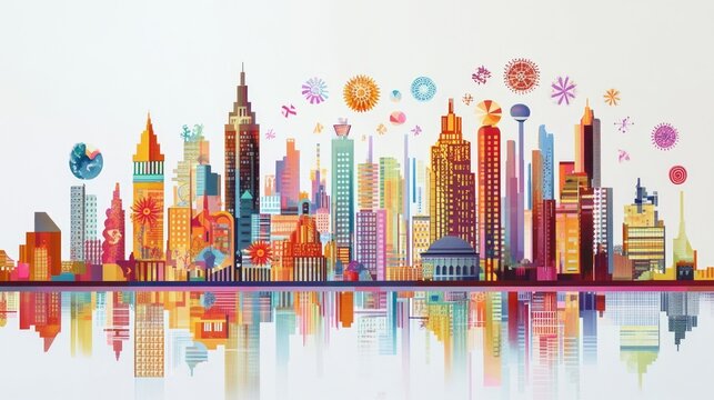 A peaceful city skyline with symbols of diversity like colors, patterns, and abstract representations of unity