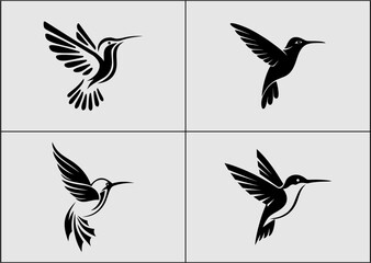 Obraz premium Set of elegant hummingbird silhouettes in flight, featuring four distinct vector-style bird icons with detailed wings and tails on a clean background.