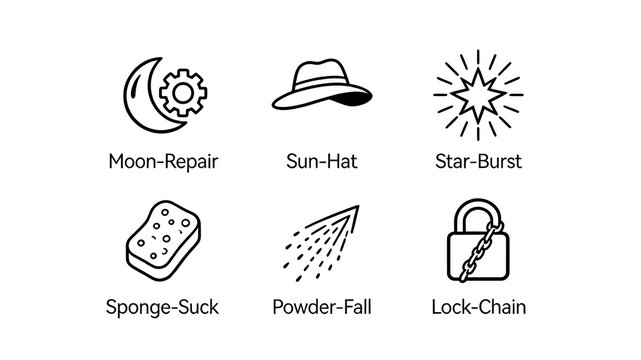 The moon gear hat star light sponge spray chain icon represents night repair, sunscreen, glow, adsorption, makeup locking water, and is suitable for day and night skin care and base makeup products.
