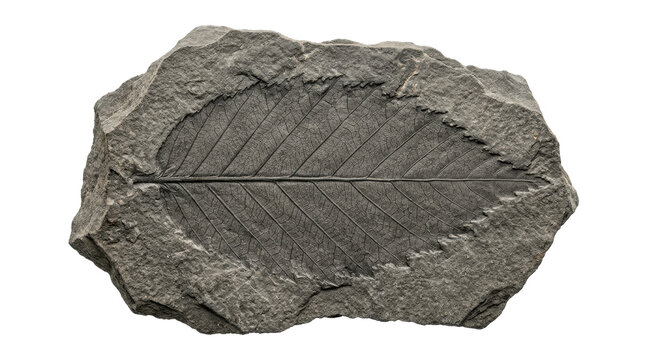 Ancient fossilized leaf imprint on rough, gray sedimentary rock slab