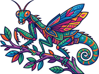 Fototapeta premium Vector illustration of a fantasy hybrid creature combining a praying mantis and a chameleon with colorful geometric patterns perched on a branch isolated on white background