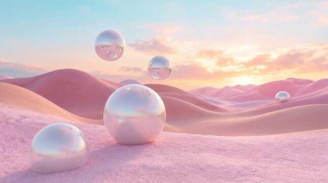 Abstract surreal pink sand dunes landscape with floating chrome spheres at sunset abstract landscape metallic minimalism background creative conceptual reflective environment visionary