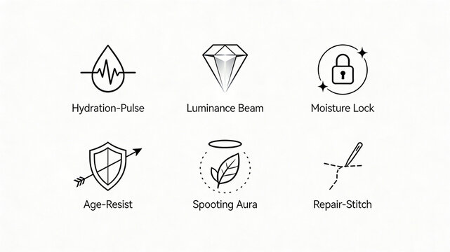 Water drop ECG diamond lock shield arrow leaf needle thread icon, pulse moisturizing, brightening, locking water, anti-aging soothing repair, anti-aging repair and rejuvenation product.
