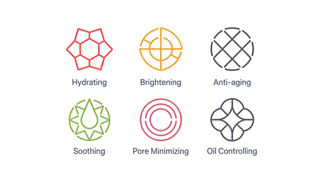 Hexagonal quadripartite grid water drop star concentric circle four leaf flower icon, replenish water and brighten anti-aging, soothe pores, control oil, skin care efficacy logo and product packaging.