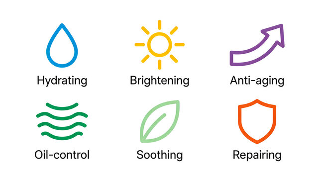 The water drop sun rising arrow wave leaf shield icon is used to replenish water, brighten anti-aging, control oil, soothe and repair. It is suitable for basic skin care and multi effect conditioning 