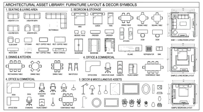 Architectural asset library for furniture layout and decor symbols
