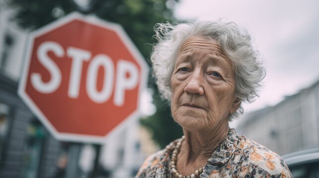 Medical worker shouting at elderly woman near stop sign representing elder abuse and mistreatment in care setting.