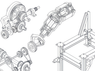 Obraz premium Detailed engineering drawings of various mechanical components and assemblies.
