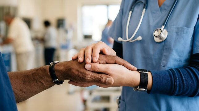 Caring doctor holding the hand of an elderly patient in a hospital setting