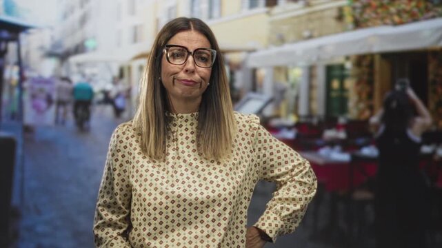 Woman checking smartphone, hand on hip and pursed lips, wearing patterned blouse and glasses at a street bistro; frustration waiting.