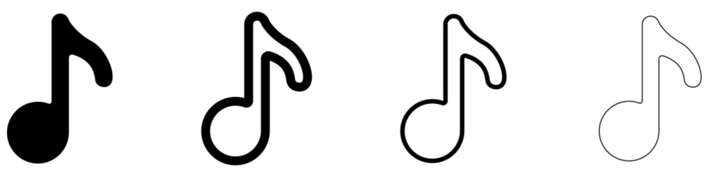 Set of music note icons in line art and solid styles with editable stroke weight. Rounded eighth note drawing with black outline on white background. Vector illustration.