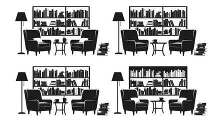 Library Interior With Bookshelves Armchairs And Lamps Black Silhouette bookshelves © Jewel