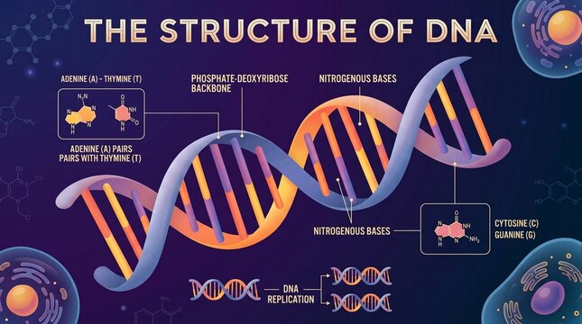 The Structure of DNA Educational Infographic Showing Double Helix, Base Pairing and Genetic Replication