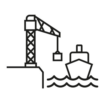 Ic&ocirc;ne vectorielle minimaliste repr&eacute;sentant un bassin portuaire ou un chantier naval avec grue de quai, bateau et vagues, id&eacute;ale pour illustrer les infrastructures portuaires et maritimes.