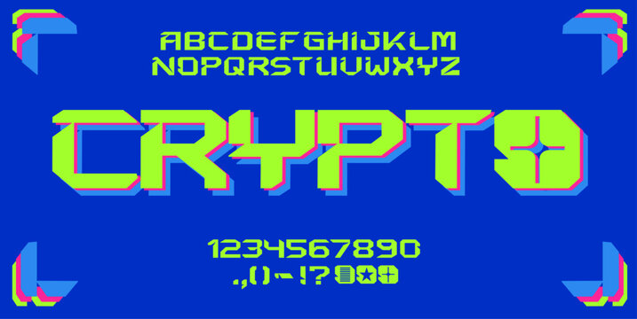Crypto is a futuristic techno typeface featuring aggressive angular shapes, forward-leaning letterforms, and a distinctive cyberpunk character. Designed for gaming, esports, sci-fi, technology, crypto